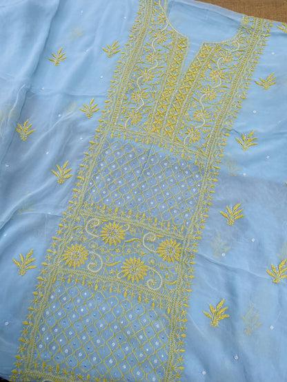 Areeba Powder Blue Chikankari Unstitched Kurta Dupatta