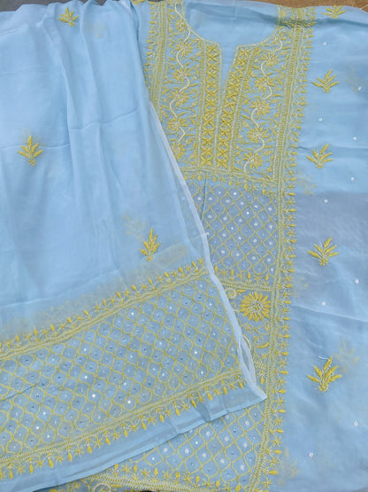 Areeba Powder Blue Chikankari Unstitched Kurta Dupatta