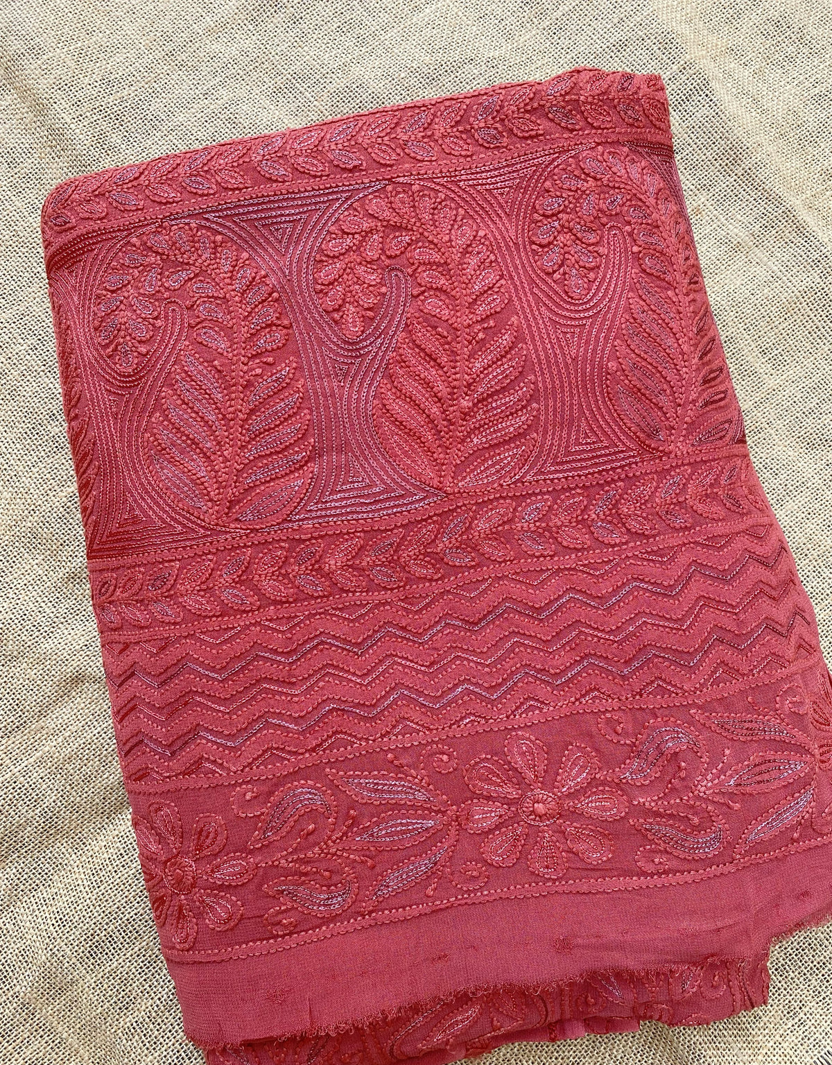 Rust Chikankari Jaalwork Viscose Unstitched Dress
