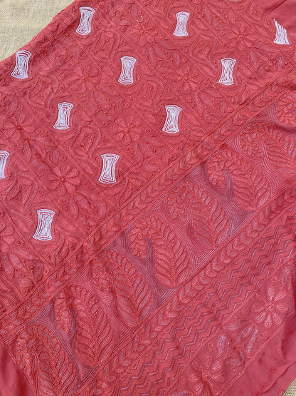 Rust Chikankari Jaalwork Viscose Unstitched Dress