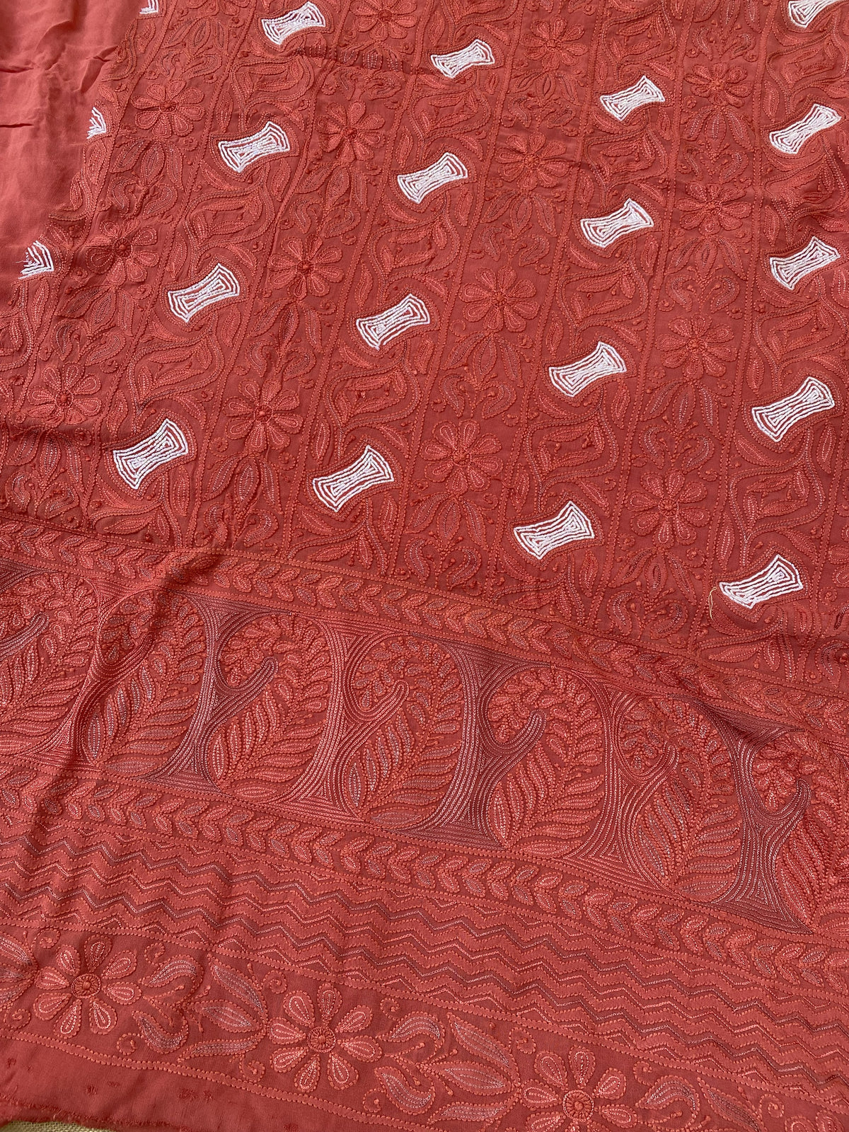 Rust Chikankari Jaalwork Viscose Unstitched Dress