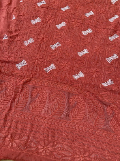 Rust Chikankari Jaalwork Viscose Unstitched Dress