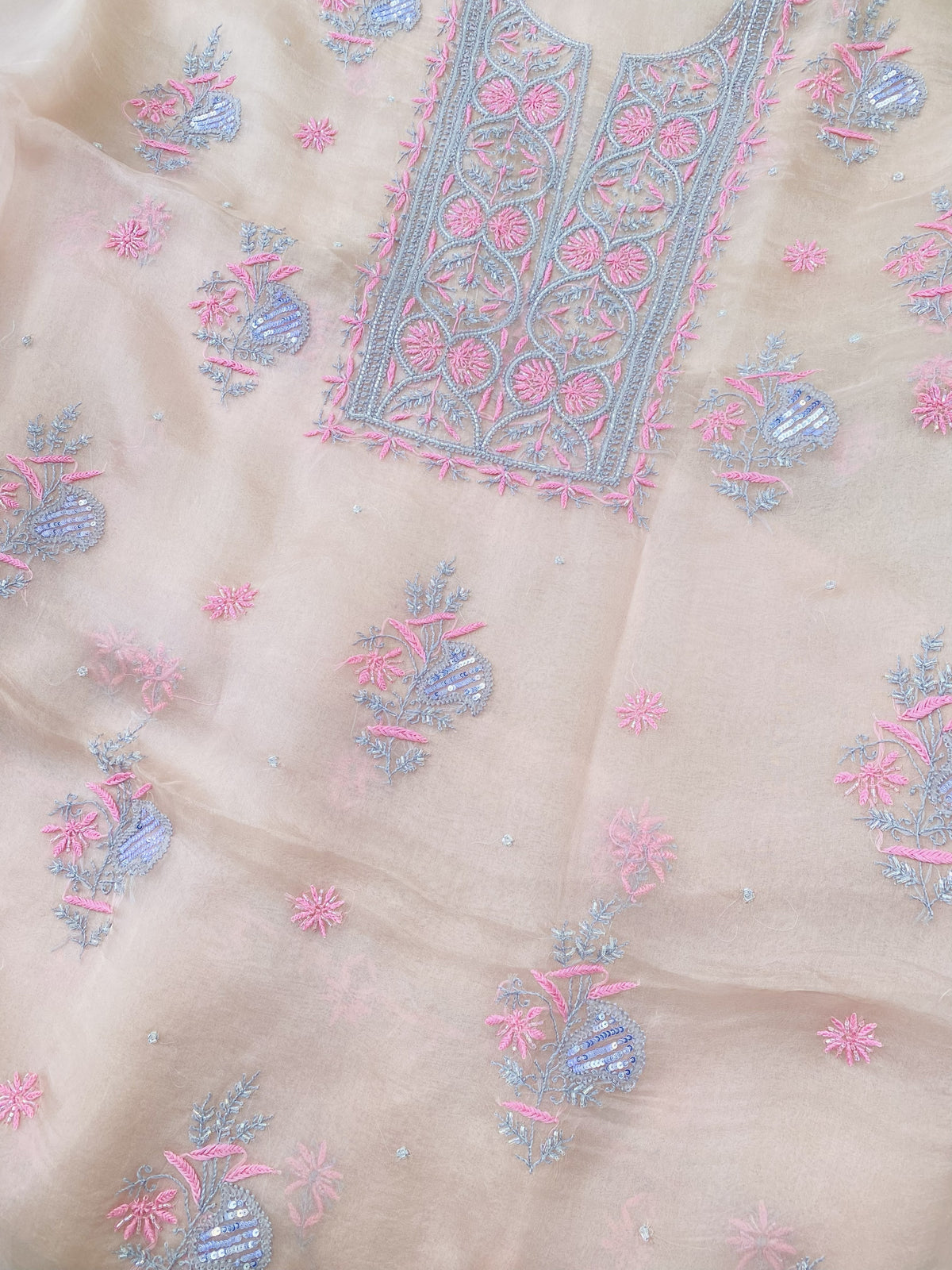Meher Premium Organza Chikankari Unstiched Dress- Pastel Peach