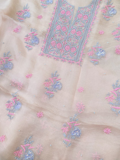 Meher Premium Organza Chikankari Unstiched Dress- Pastel Peach