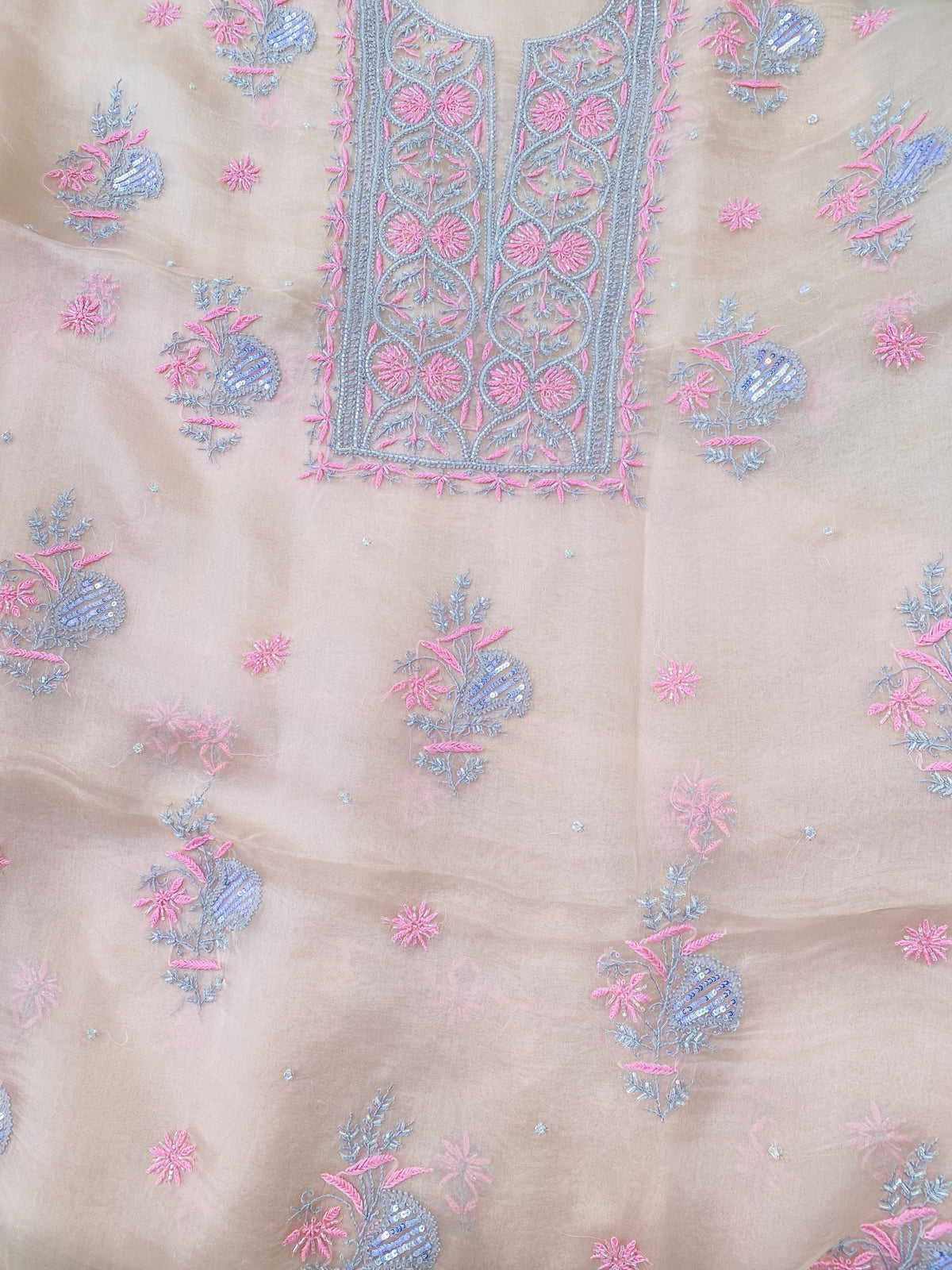 Meher Premium Organza Chikankari Unstiched Dress- Pastel Peach