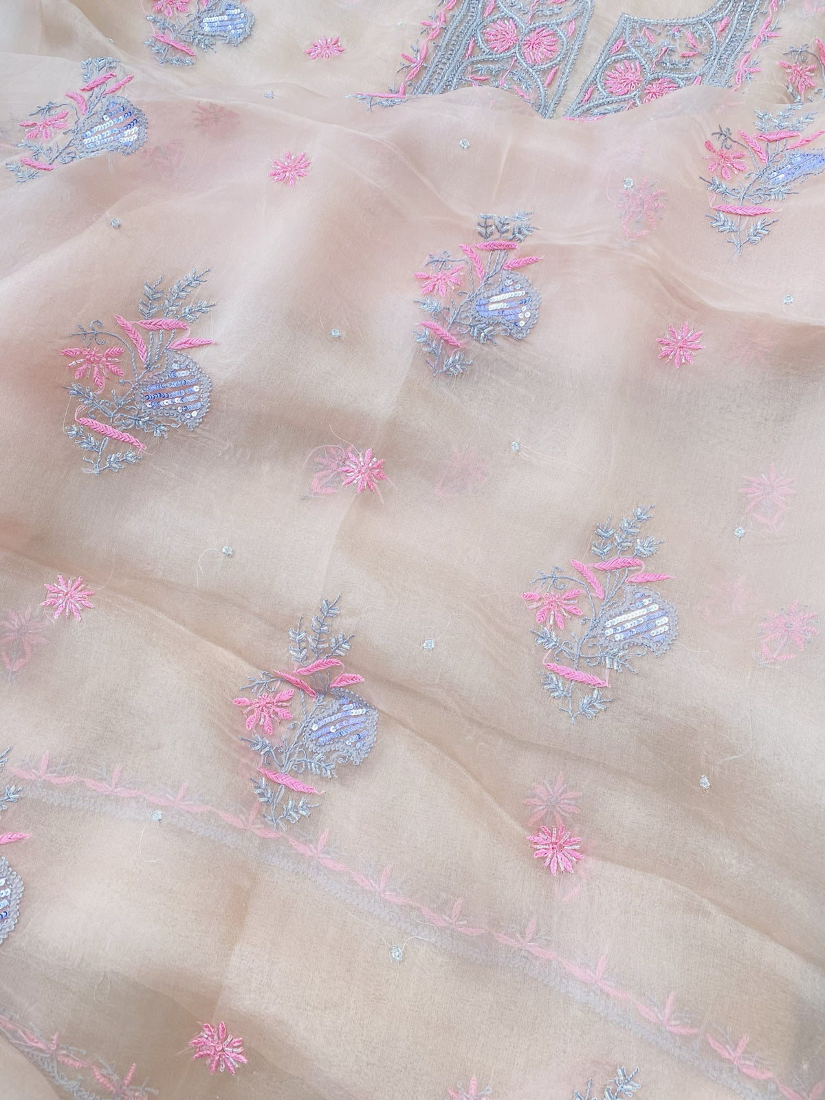 Meher Premium Organza Chikankari Unstiched Dress- Pastel Peach