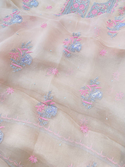 Meher Premium Organza Chikankari Unstiched Dress- Pastel Peach
