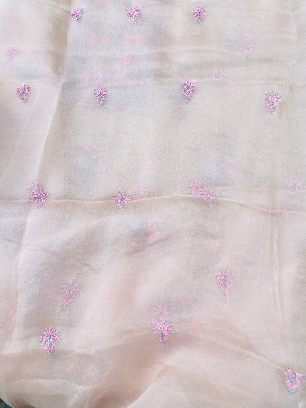 Meher Premium Organza Chikankari Unstiched Dress- Pastel Peach