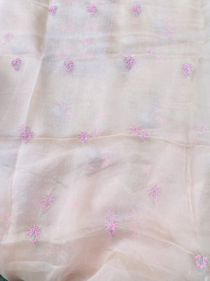 Meher Premium Organza Chikankari Unstiched Dress- Pastel Peach