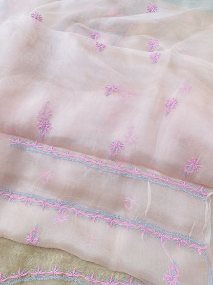 Meher Premium Organza Chikankari Unstiched Dress- Pastel Peach