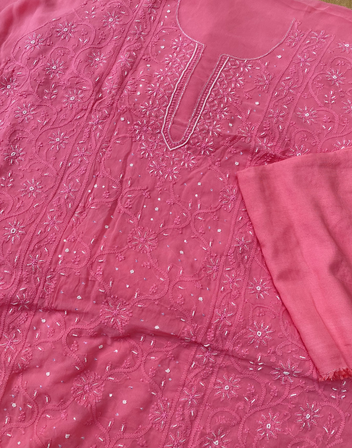 Rangrez Noor| Hot Pink Chikankari Unstitched Suit with Pearl Addons
