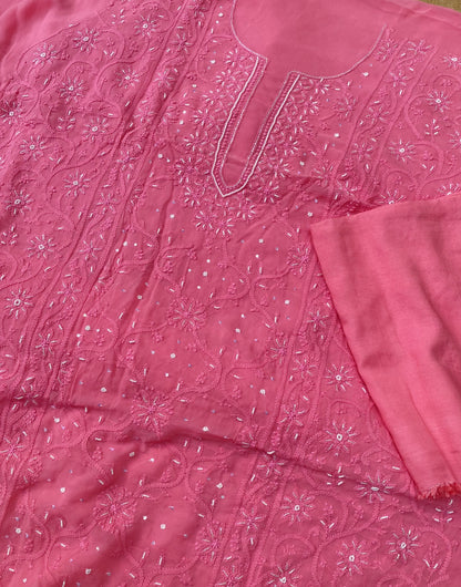 Rangrez Noor| Hot Pink Chikankari Unstitched Suit with Pearl Addons