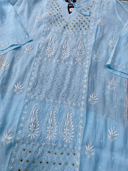 Famous Chikankari Mul Chanderi Chikankari Semi-Stitched Suit Set