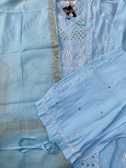 Famous Chikankari Mul Chanderi Chikankari Semi-Stitched Suit Set