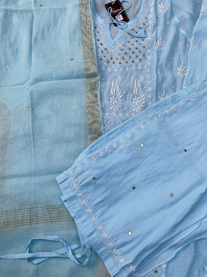 Famous Chikankari Mul Chanderi Chikankari Semi-Stitched Suit Set