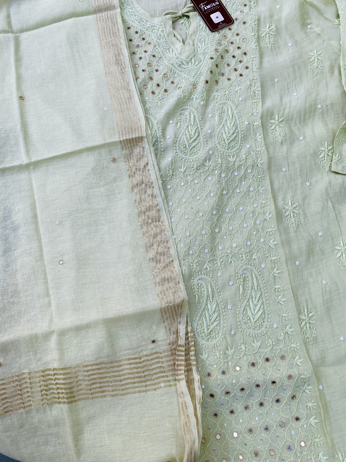 Famous Chikankari Mul Chanderi Chikankari Semi-Stitched Suit Set