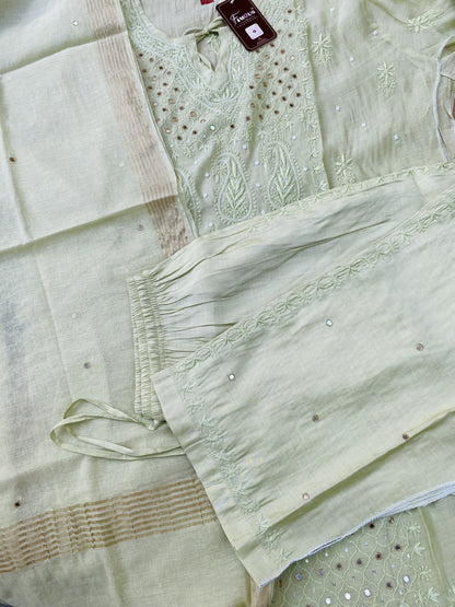 Famous Chikankari Mul Chanderi Chikankari Semi-Stitched Suit Set