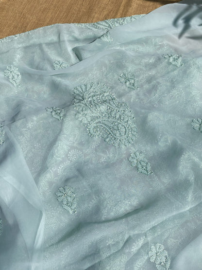 Light Mint Green Chikankari Resham Jaalwork Kurta Unstitched - Famous Chikankari