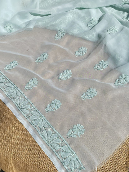 Light Mint Green Chikankari Resham Jaalwork Kurta Unstitched - Famous Chikankari