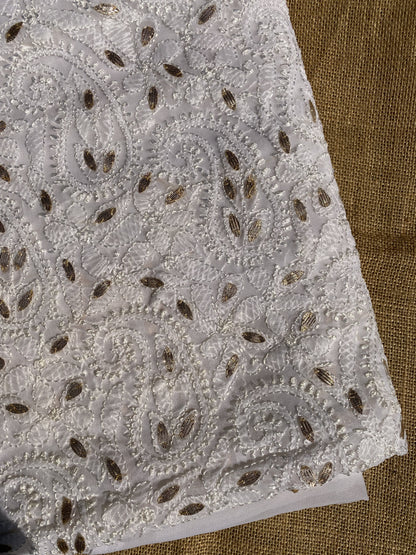Off-White Faux Georgette Chikankari Unstitched Kurta - Famous Chikankari
