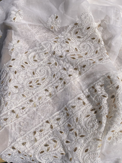 Off-White Faux Georgette Chikankari Unstitched Kurta - Famous Chikankari