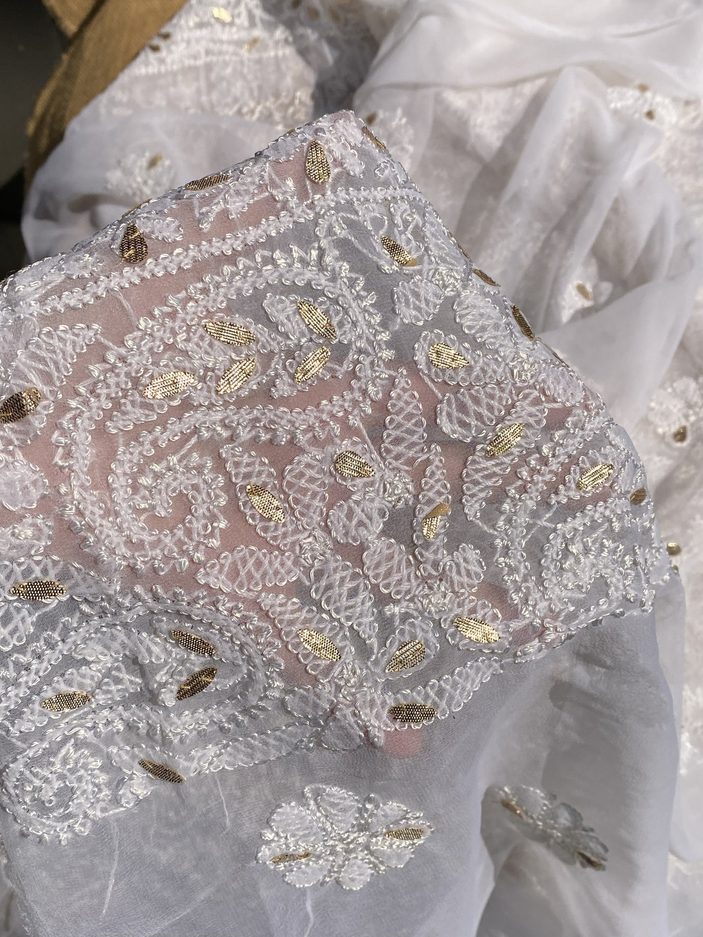 Off-White Faux Georgette Chikankari Unstitched Kurta