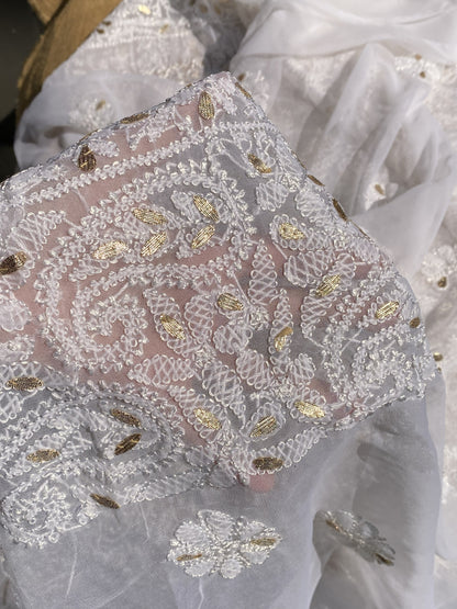 Off-White Faux Georgette Chikankari Unstitched Kurta - Famous Chikankari