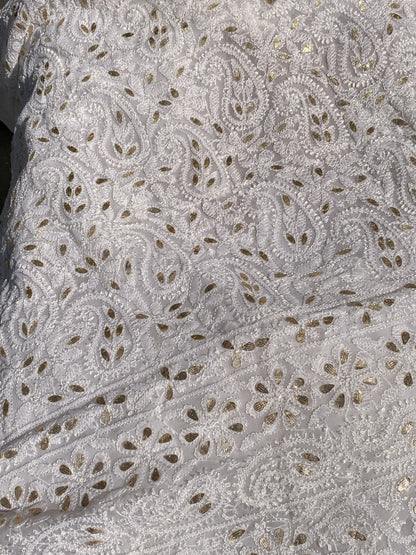 Off-White Faux Georgette Chikankari Unstitched Kurta - Famous Chikankari