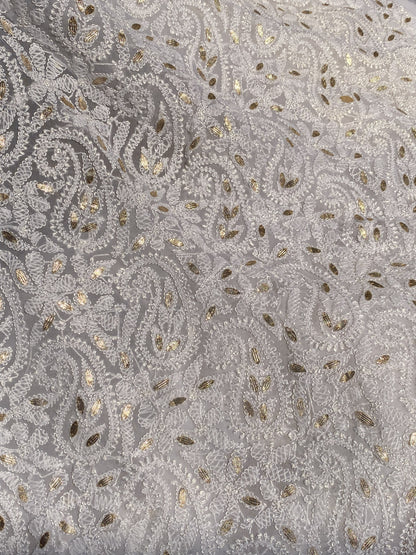 Off-White Faux Georgette Chikankari Unstitched Kurta - Famous Chikankari
