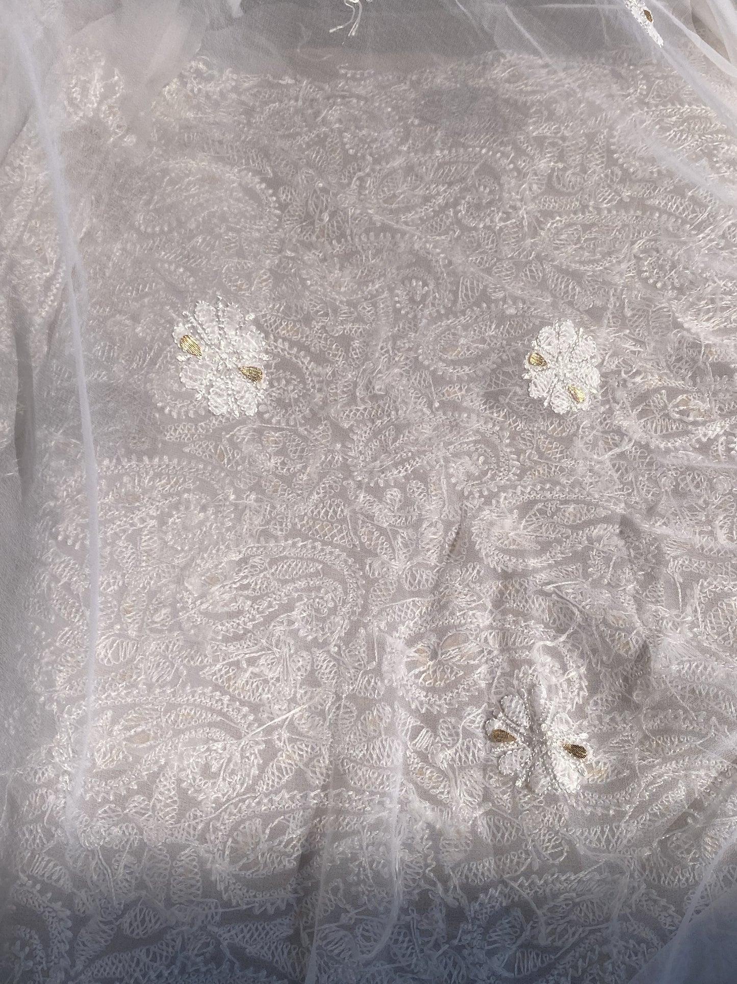 Off-White Faux Georgette Chikankari Unstitched Kurta