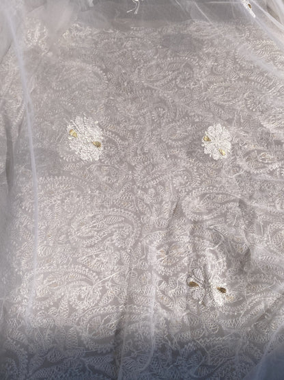 Off-White Faux Georgette Chikankari Unstitched Kurta - Famous Chikankari