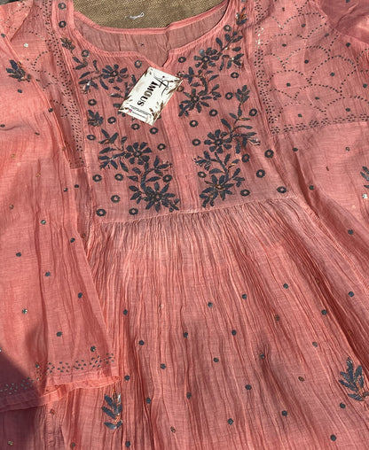 Roohani Peach Handcrafted Mukaish Gown Set - Semi Stiched - Famous Chikankari