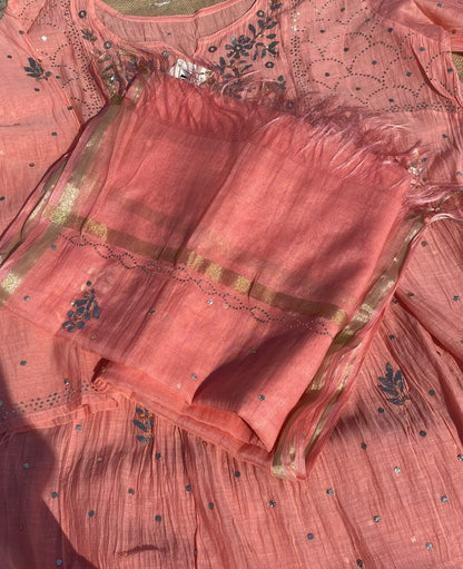 Roohani Peach Handcrafted Mukaish Gown Set - Semi Stiched - Famous Chikankari