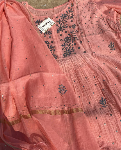Roohani Peach Handcrafted Mukaish Gown Set - Semi Stiched - Famous Chikankari