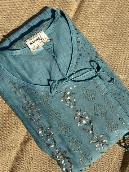 Roohani Firozi Handcrafted Mukaish Gown Set - Semi Stiched - Famous Chikankari