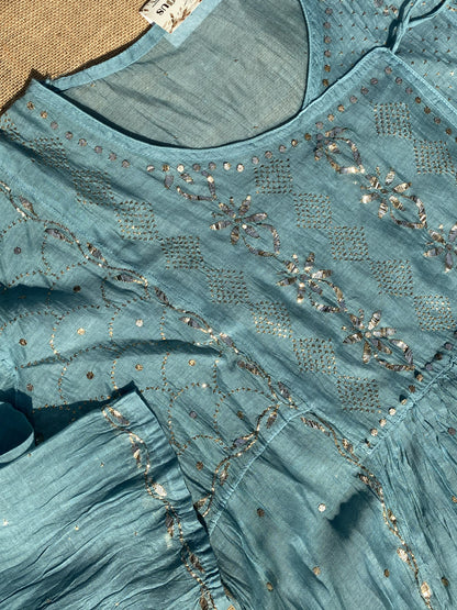 Roohani Firozi Handcrafted Mukaish Gown Set - Semi Stiched - Famous Chikankari