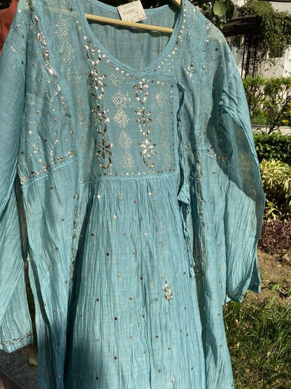 Roohani Firozi Handcrafted Mukaish Gown Set - Semi Stiched - Famous Chikankari