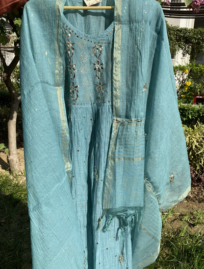 Roohani Firozi Handcrafted Mukaish Gown Set - Semi Stiched - Famous Chikankari