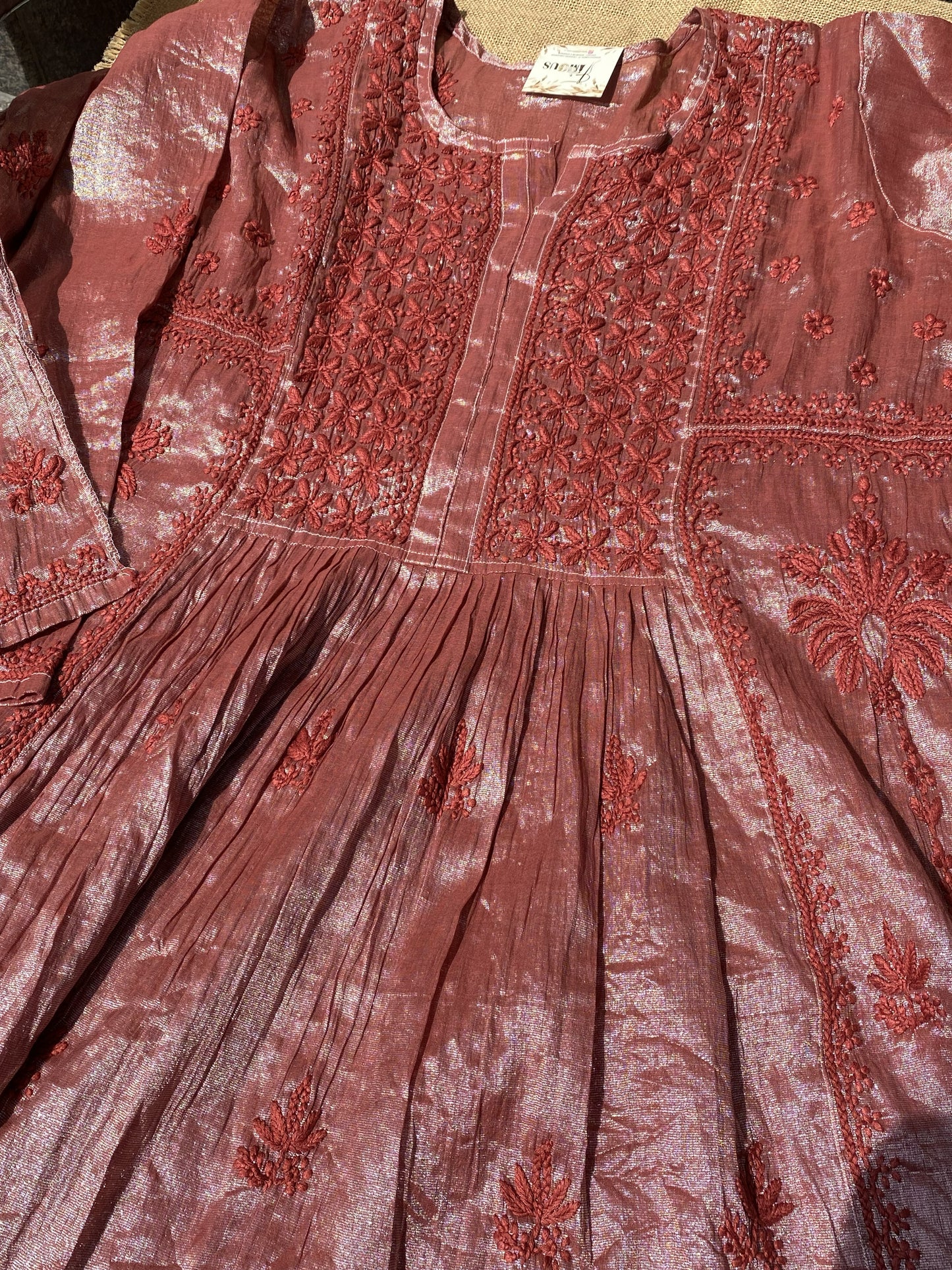Metallic Rust Chikankari Tissue Gown Set