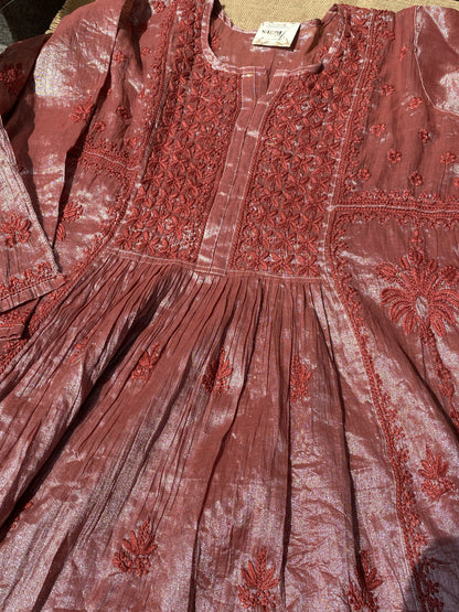 Metallic Rust Chikankari Semi-stitched Tissue Gown Set
