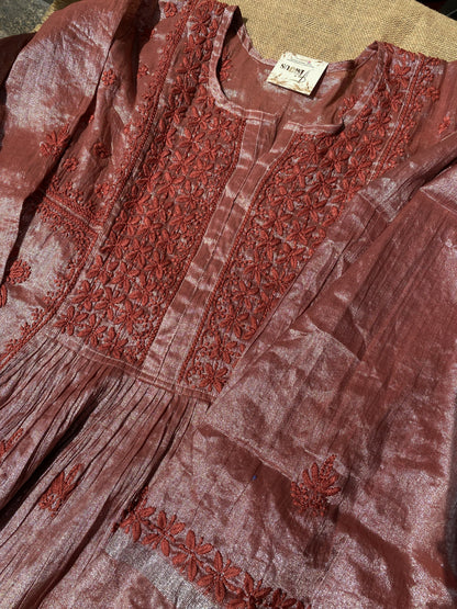 Metallic Rust Chikankari Semi-stitched Tissue Gown Set