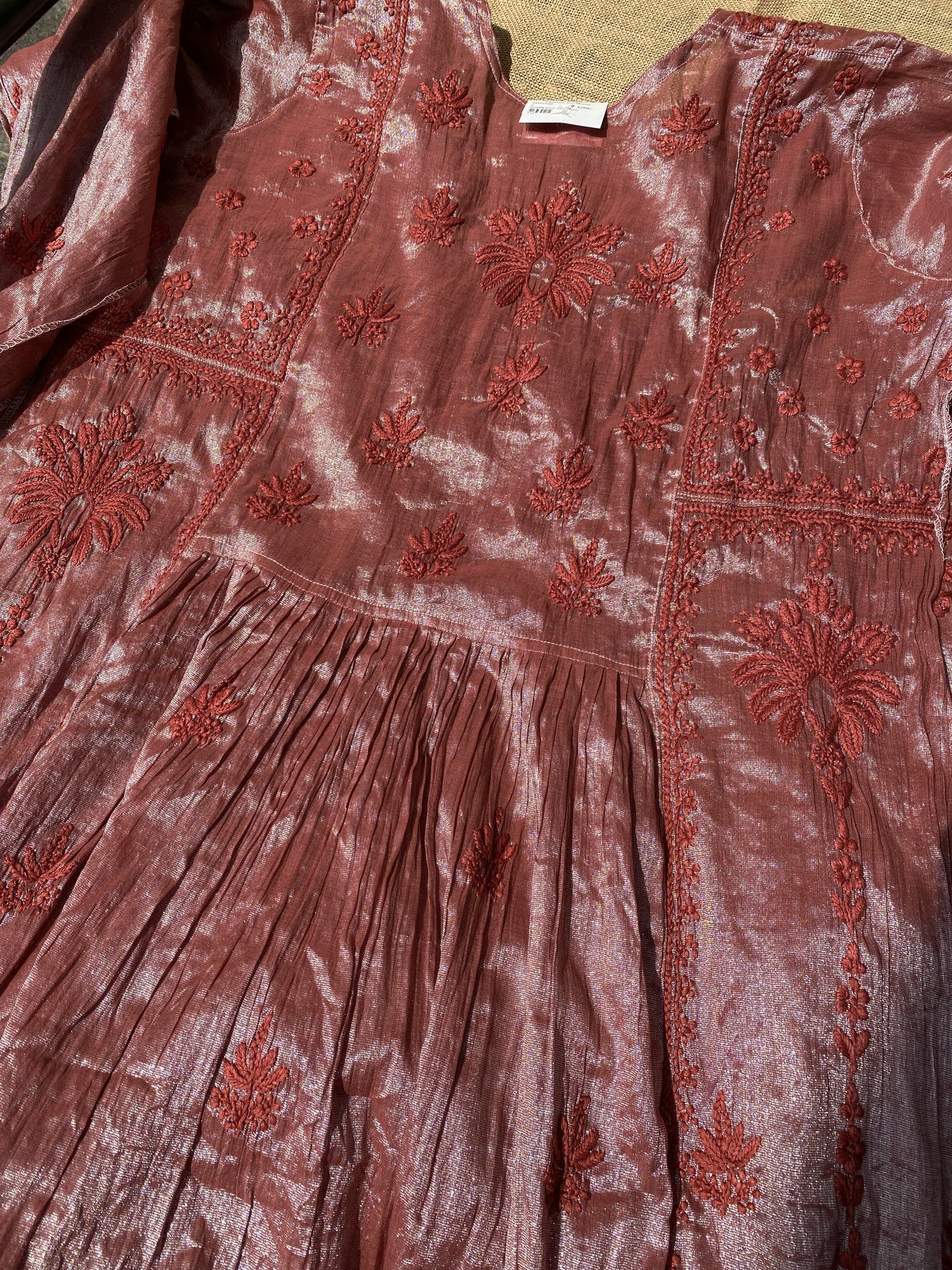 Metallic Rust Chikankari Tissue Gown Set