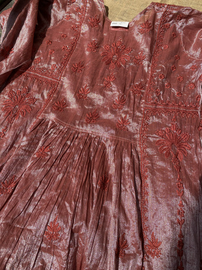 Metallic Rust Chikankari Semi-stitched Tissue Gown Set