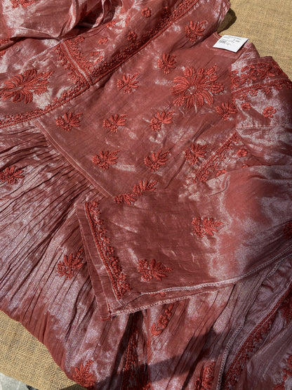 Metallic Rust Chikankari Semi-stitched Tissue Gown Set