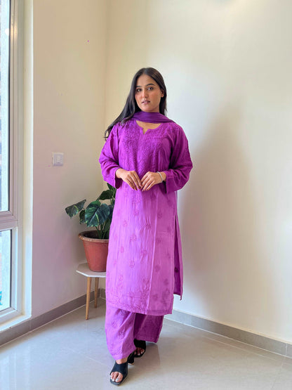 Karizma Modal Chikankari Stiched Set(Purple)