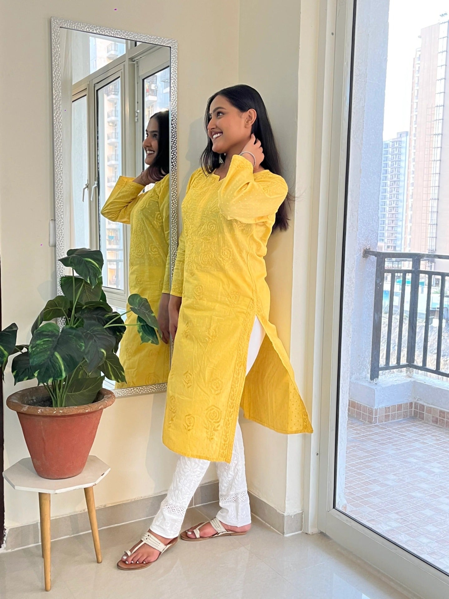 Yellow Chikankari Rose Design Straight Long Kurti