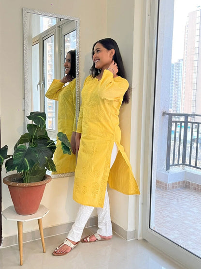 Yellow Chikankari Rose Design Straight Long Kurti - Famous Chikankari
