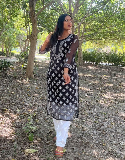 Black Chikankari Buty Jaal Kurti - Famous Chikankari