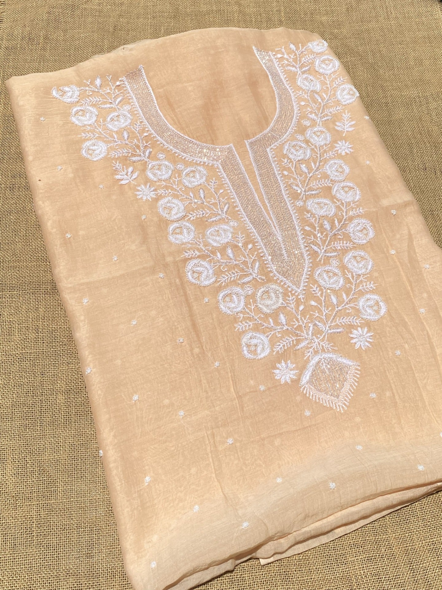 Noor-e-mulmul Peach Unstitched Chikankari Set