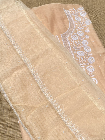 Noor-e-mulmul Peach Unstitched Chikankari Set - Famous Chikankari